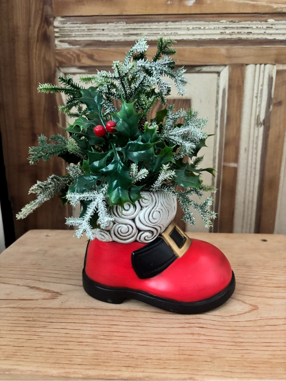 Vintage Ceramic Santa Boot With Vintage Christmas Greenery